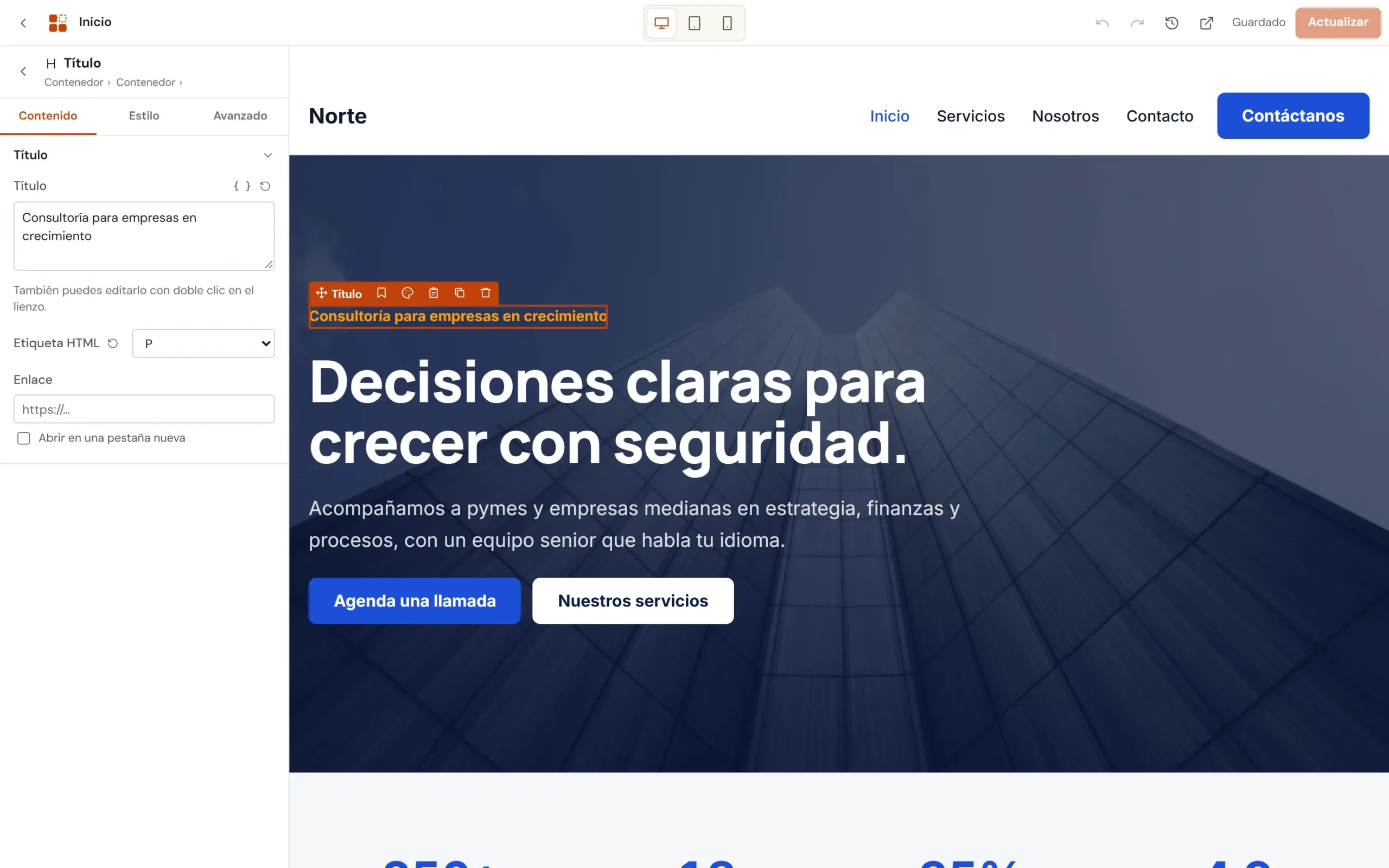 Editor completo con un título seleccionado y su panel de propiedades