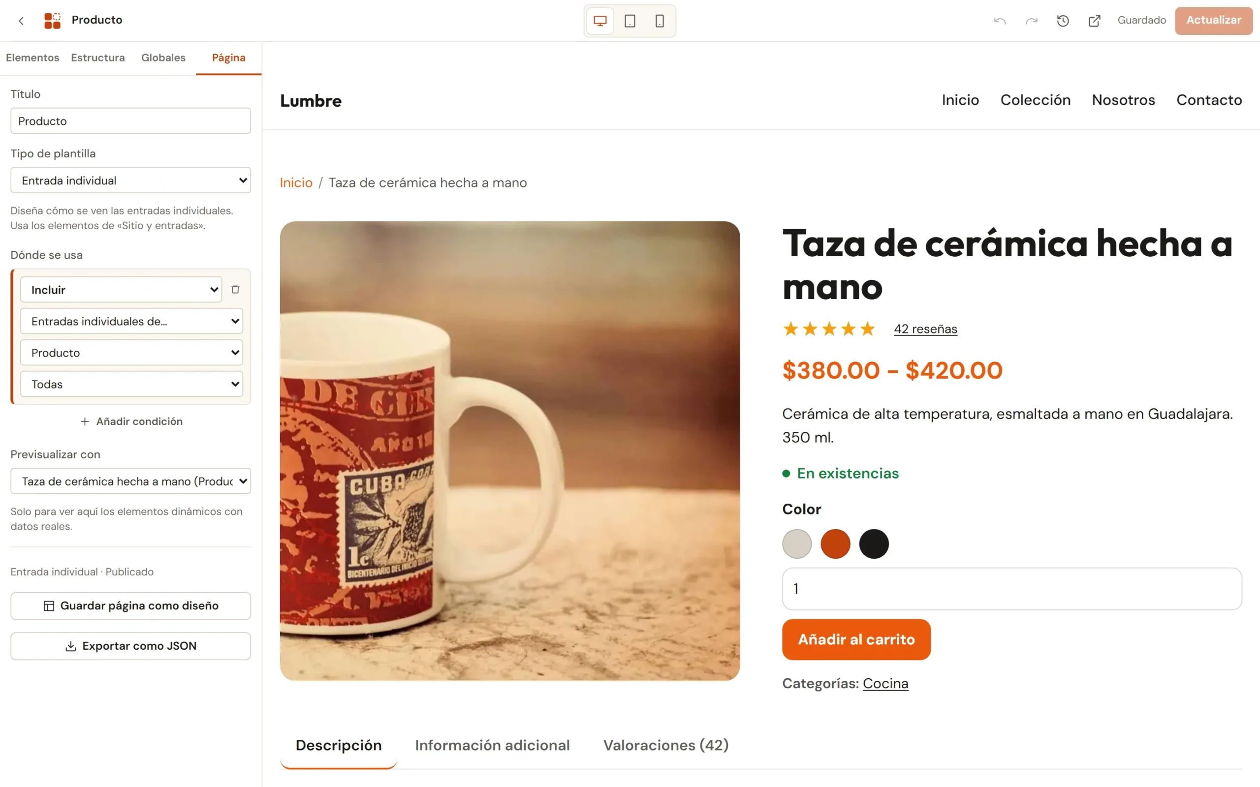 Plantilla de producto con sus condiciones de uso